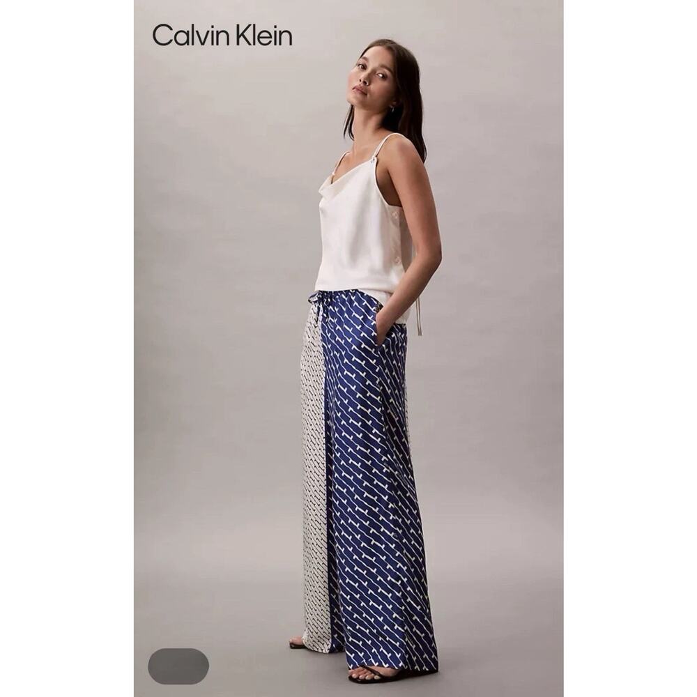 Calvin Klein Womens Printed Wide-Leg Pants Blue White Logo Medium